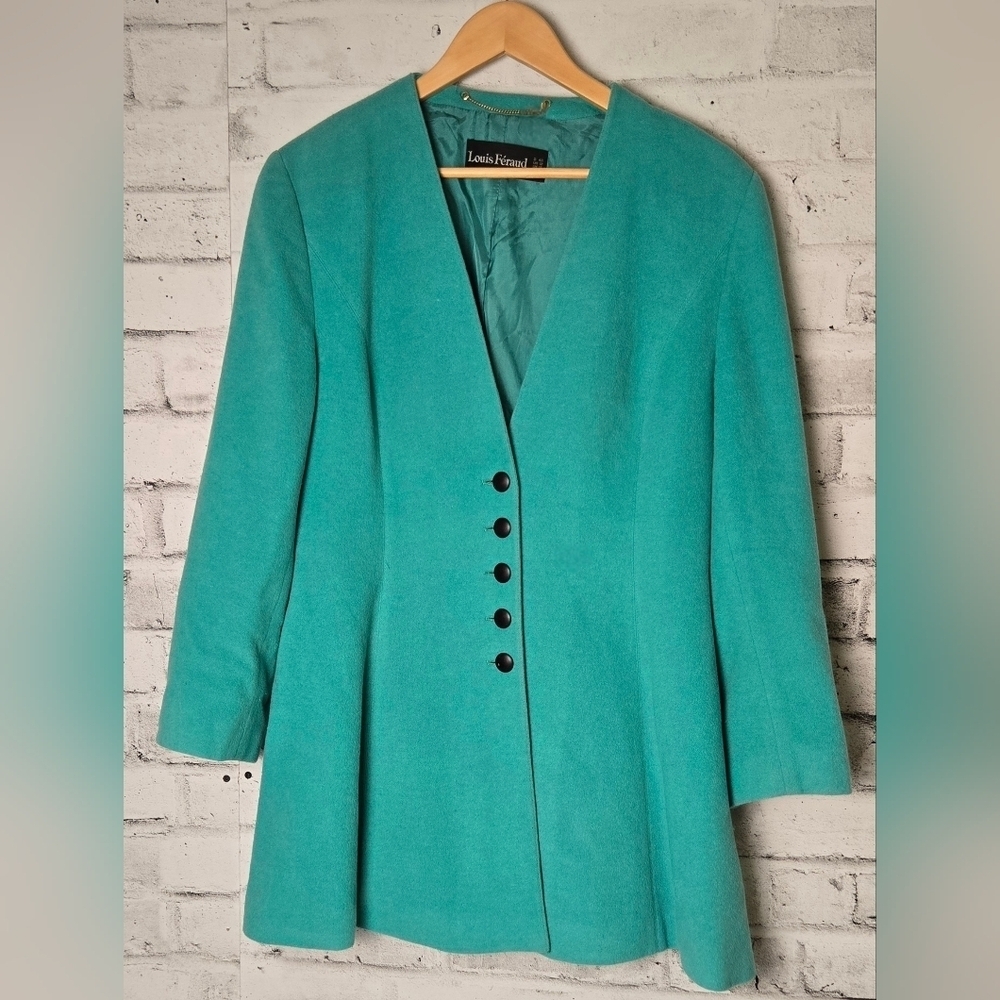 Louis Feraud Vintage Teal Wool Angora Blazer Coat Womens US 12